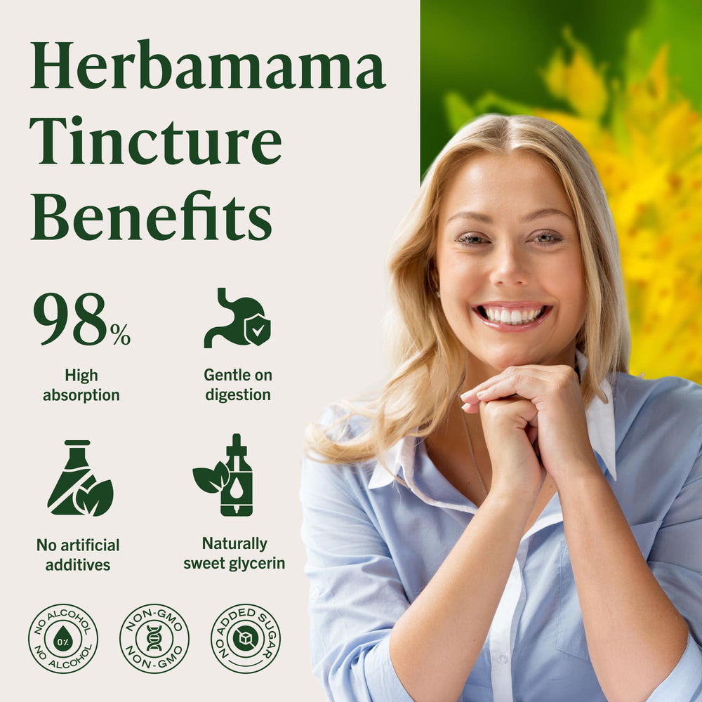 HERBAMAMA Rhodiola drops ingredient glass shows Rhodiola root origin for natural support.