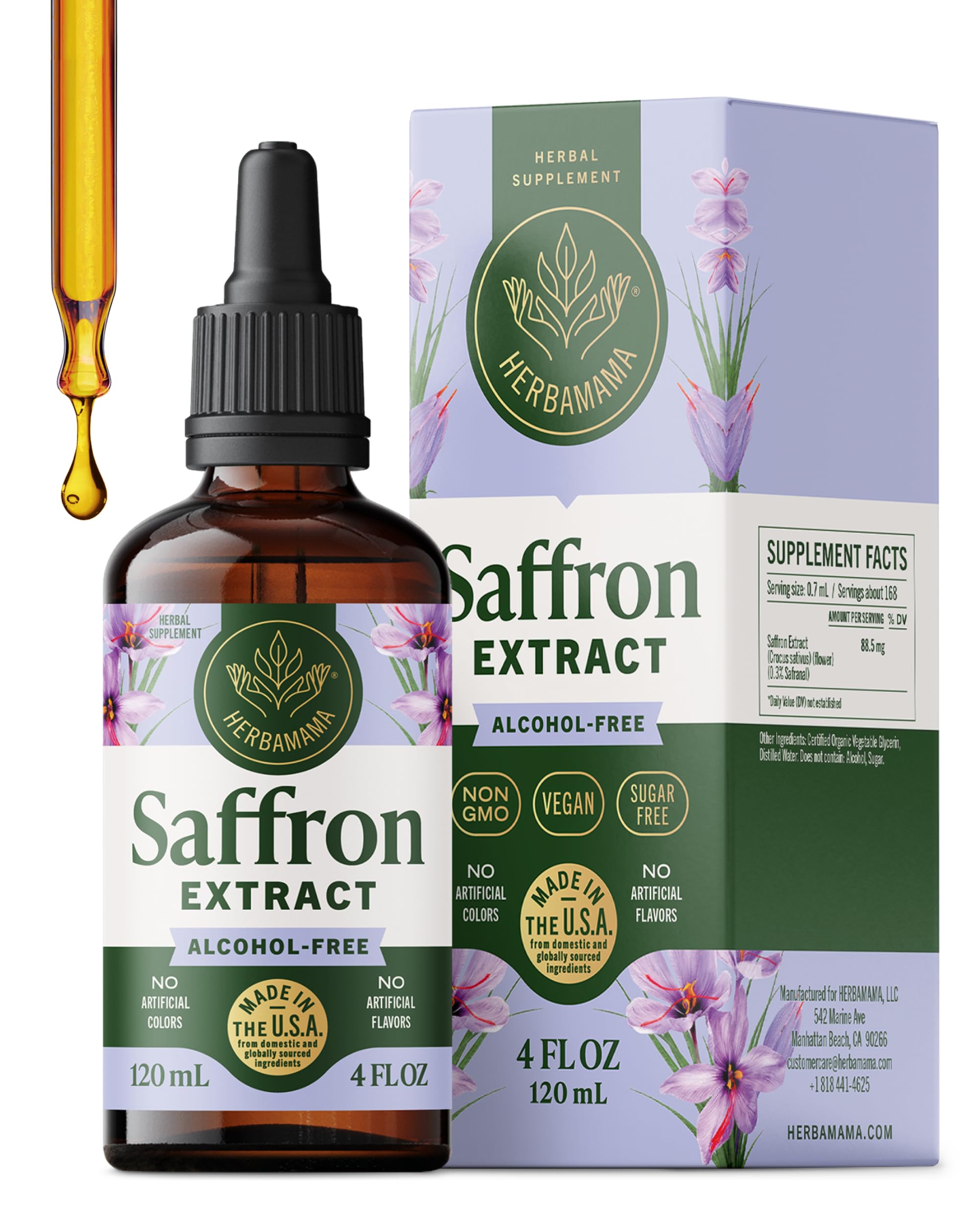 HERBAMAMA saffron tincture bottle and dropper for easy mood support