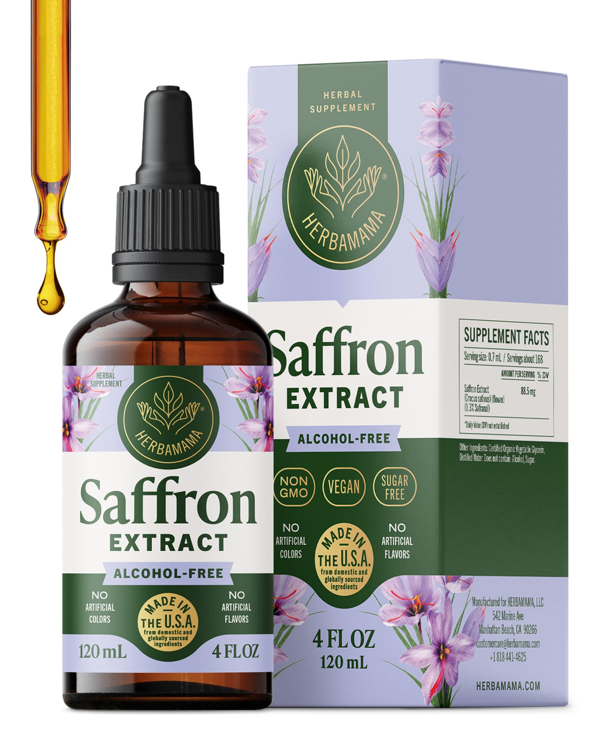 HERBAMAMA saffron tincture bottle and dropper for easy mood support