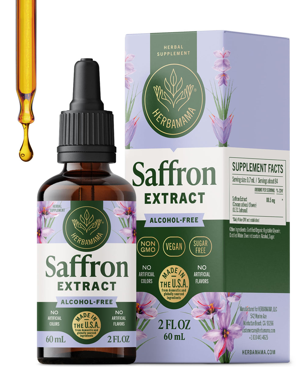 HERBAMAMA saffron tincture bottle on a clean surface, premium mood-support option.