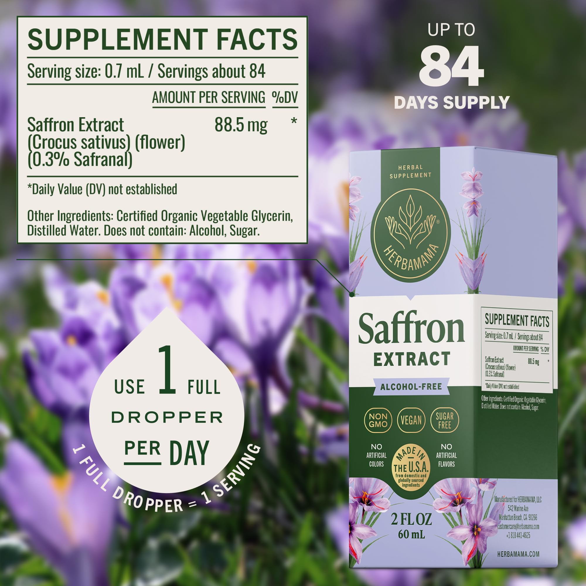 Herbamama saffron tincture drops in a glass of water for quick absorption.