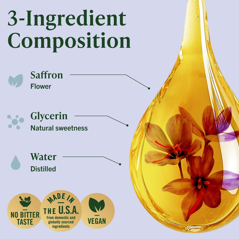 Glycerin-based vegan formula icon beside saffron threads, signaling vegetarian, non-GMO quality.