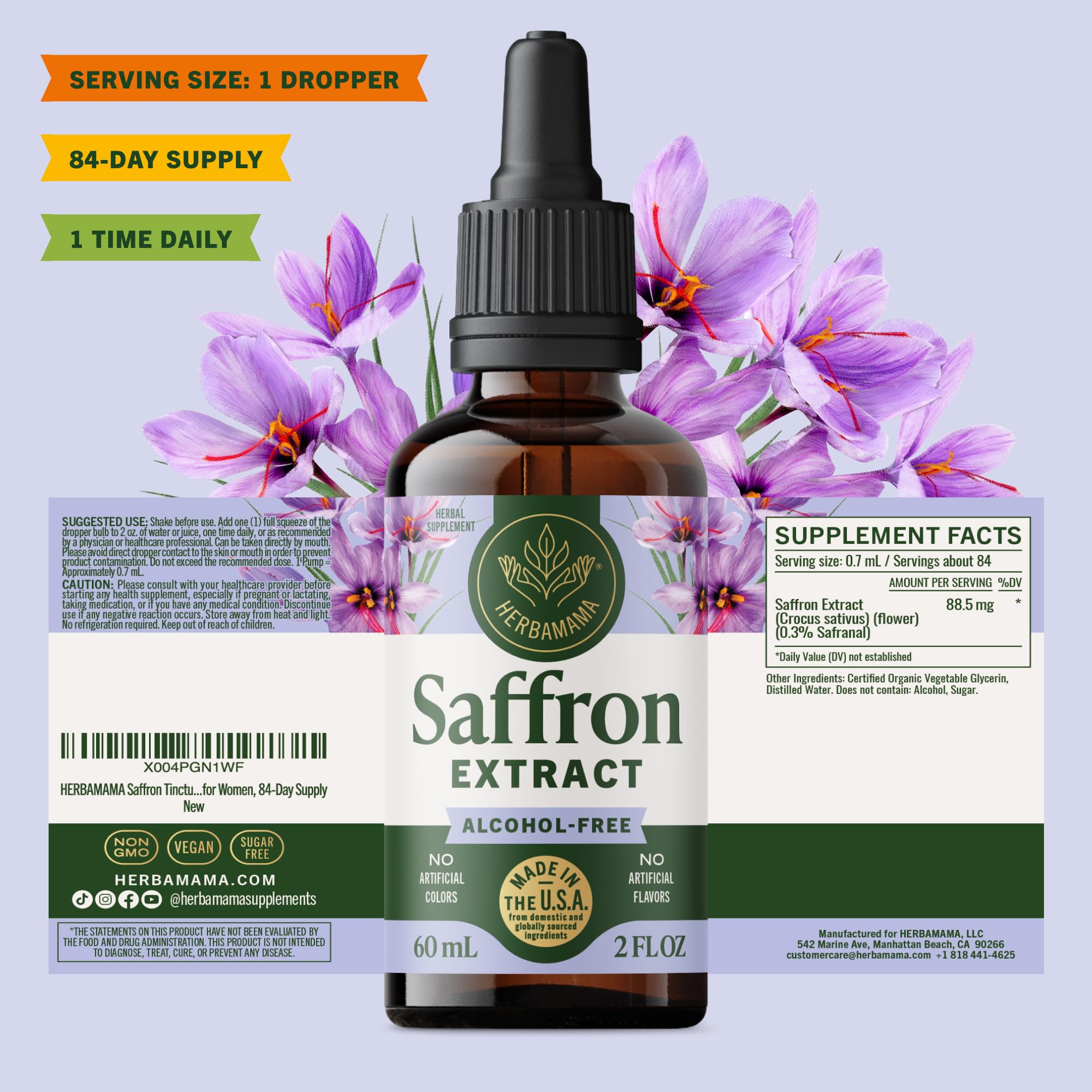 Product packaging label highlighting 84-day supply and gentle tasting drops.