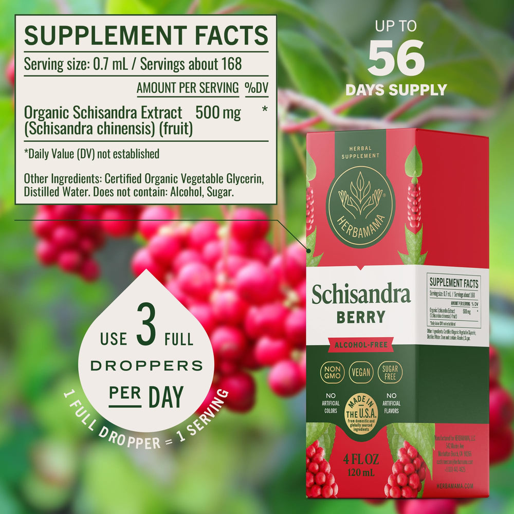 Drops under the tongue from HERBAMAMA Schisandra for quick calming support.