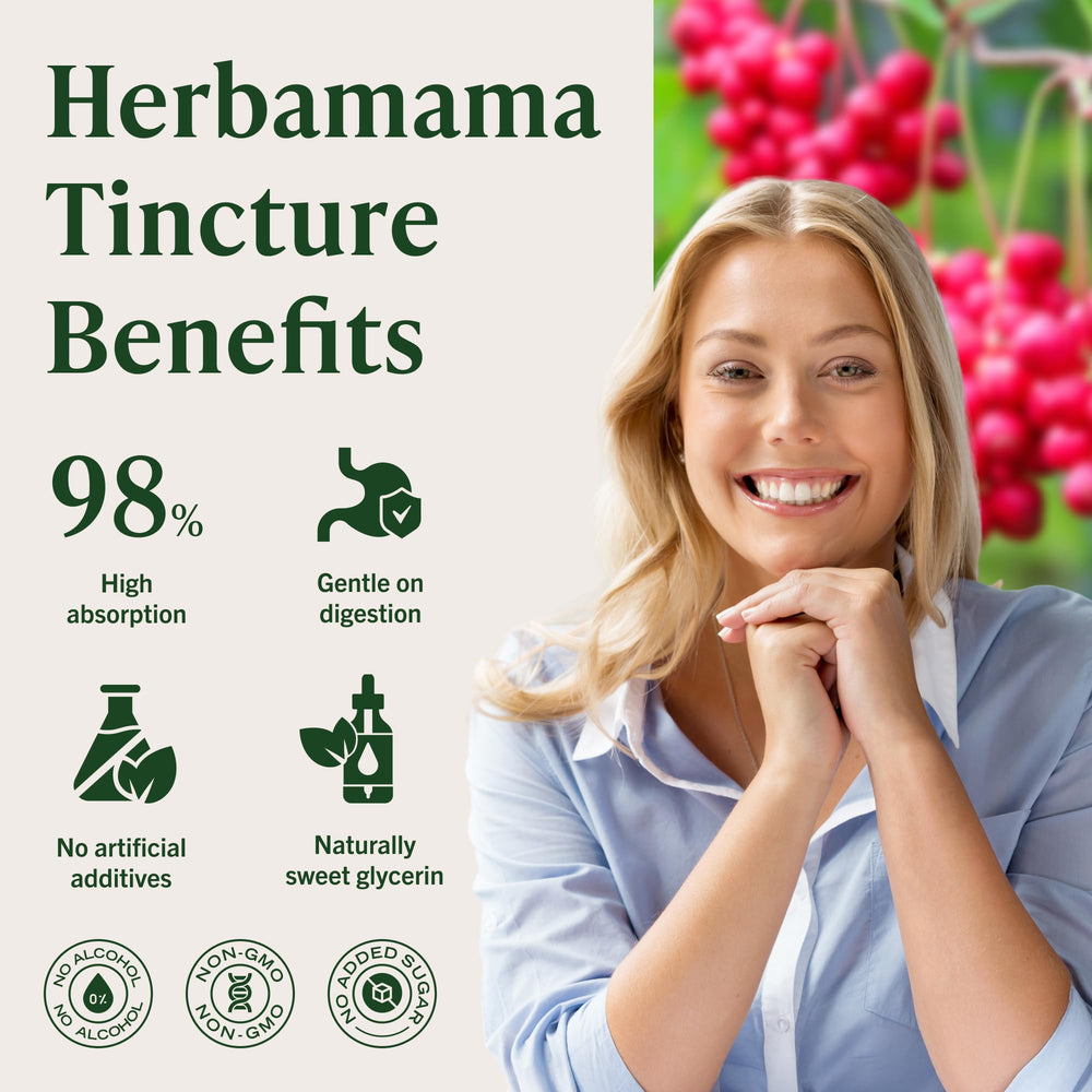 Non-GMO, alcohol-free HERBAMAMA Schisandra label detail.