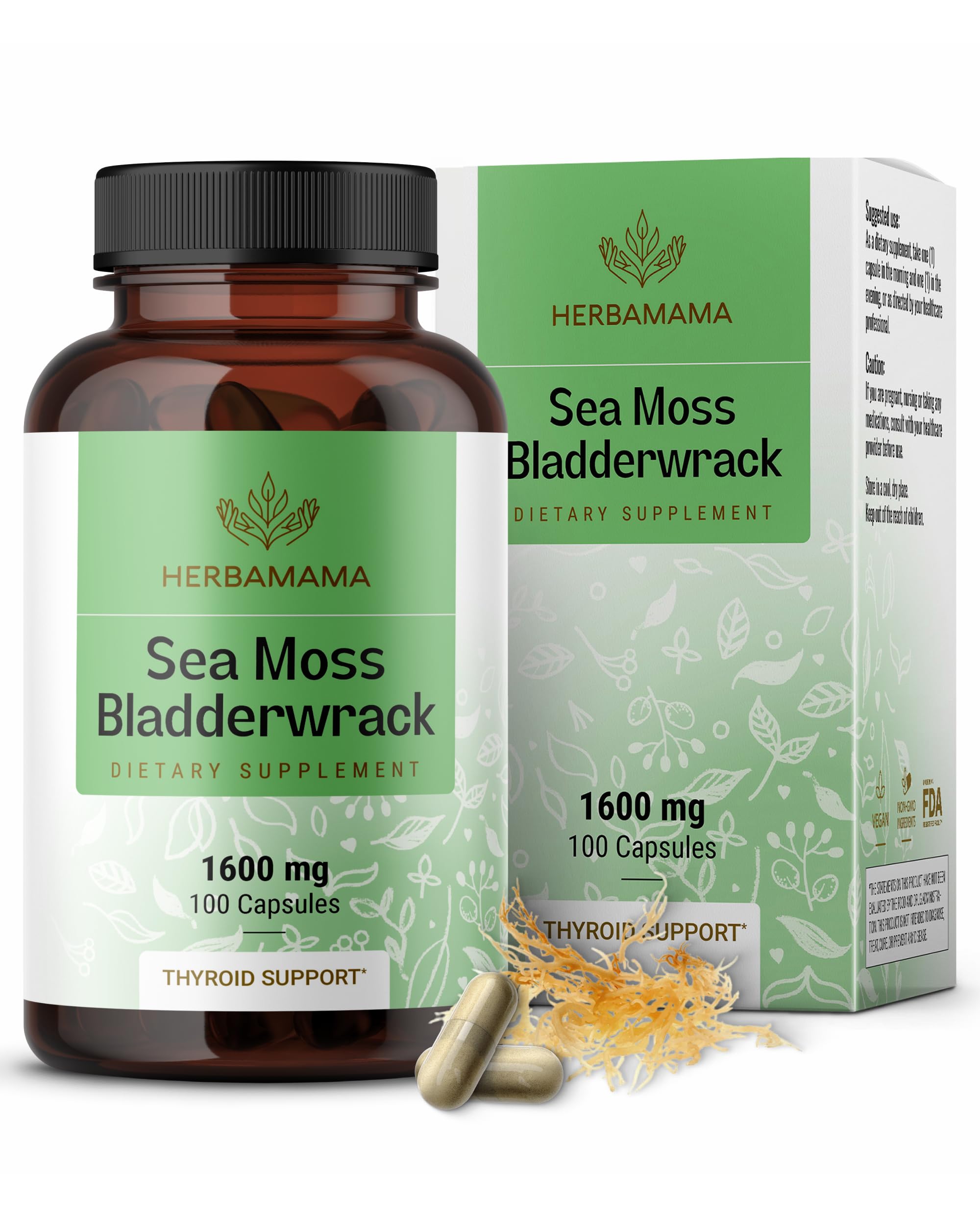 Herbamama sea moss bladderwrack capsules packaging highlights a clean three-ingredient formula for daily use.