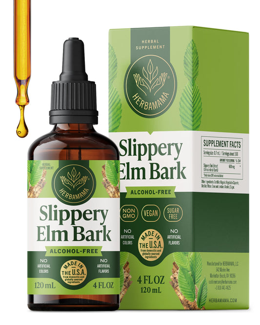HERBAMAMA Slippery Elm Drops bottle front, vegan, alcohol-free formula for daily support