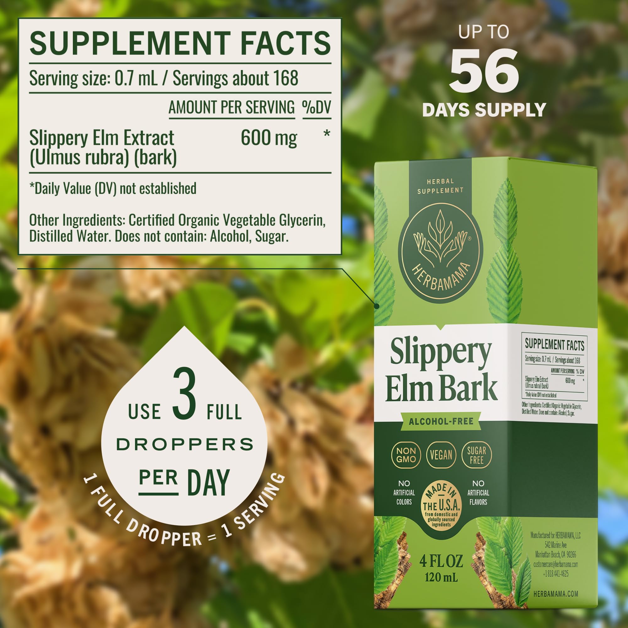 HERBAMAMA Slippery Elm ingredients close-up, three-ingredient purity with glycerin