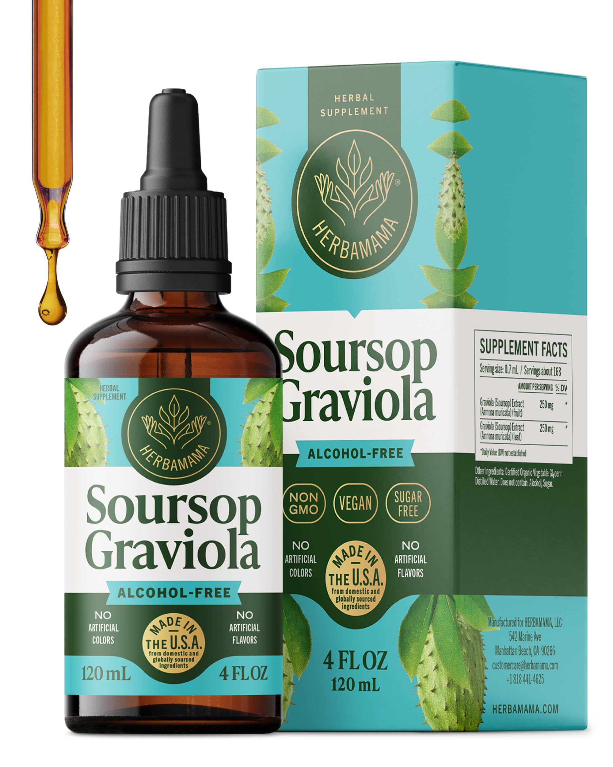 HERBAMAMA Soursop drops bottle, vegan formula for daily immune and digestive support.