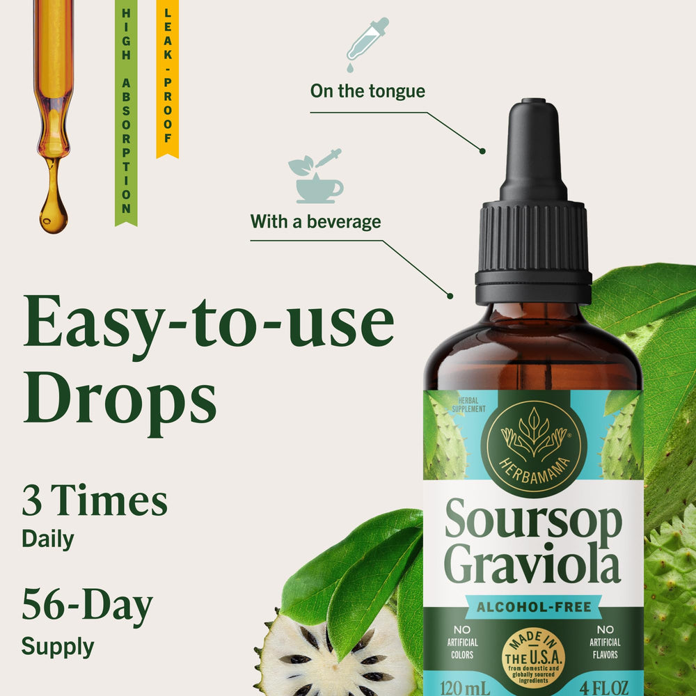 HERBAMAMA Soursop drops bottle with glycerin highlight for vegan wellness.
