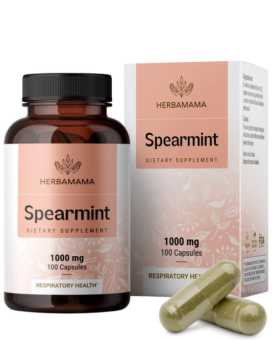 HERBAMAMA Spearmint Leaf Capsules bottle front for daily digestive support.