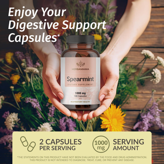 HERBAMAMA Spearmint Leaf Capsules label close-up emphasizes clean two-ingredient formula.