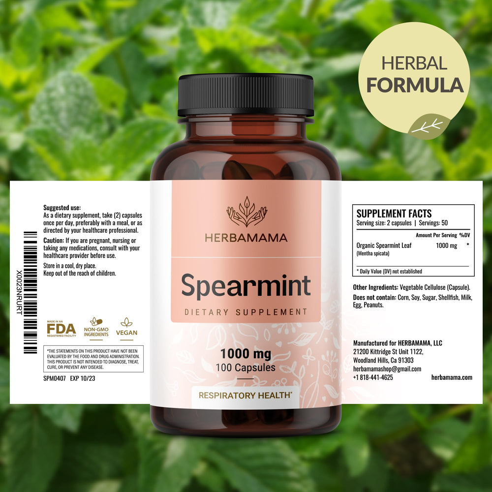 HERBAMAMA Spearmint Leaf Capsules with meals for simple twice-daily dosing.