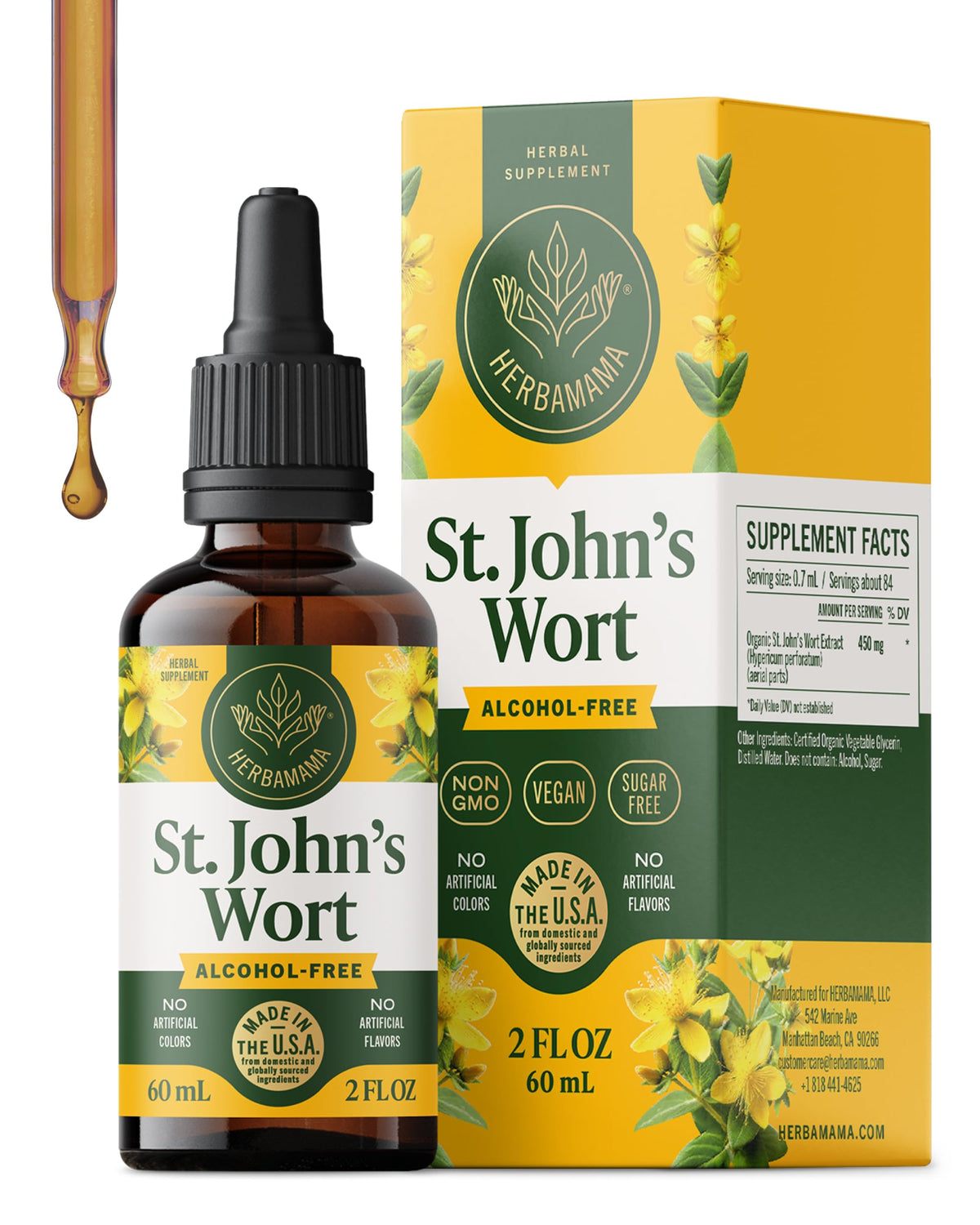 HERBAMAMA St. John's Wort tincture bottle for vegan mood support and calm.