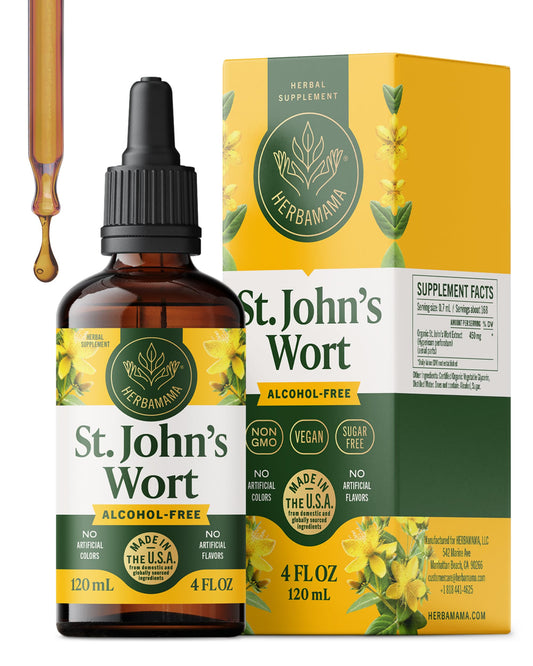 HERBAMAMA St John’s Wort tincture bottle for daily calm support.