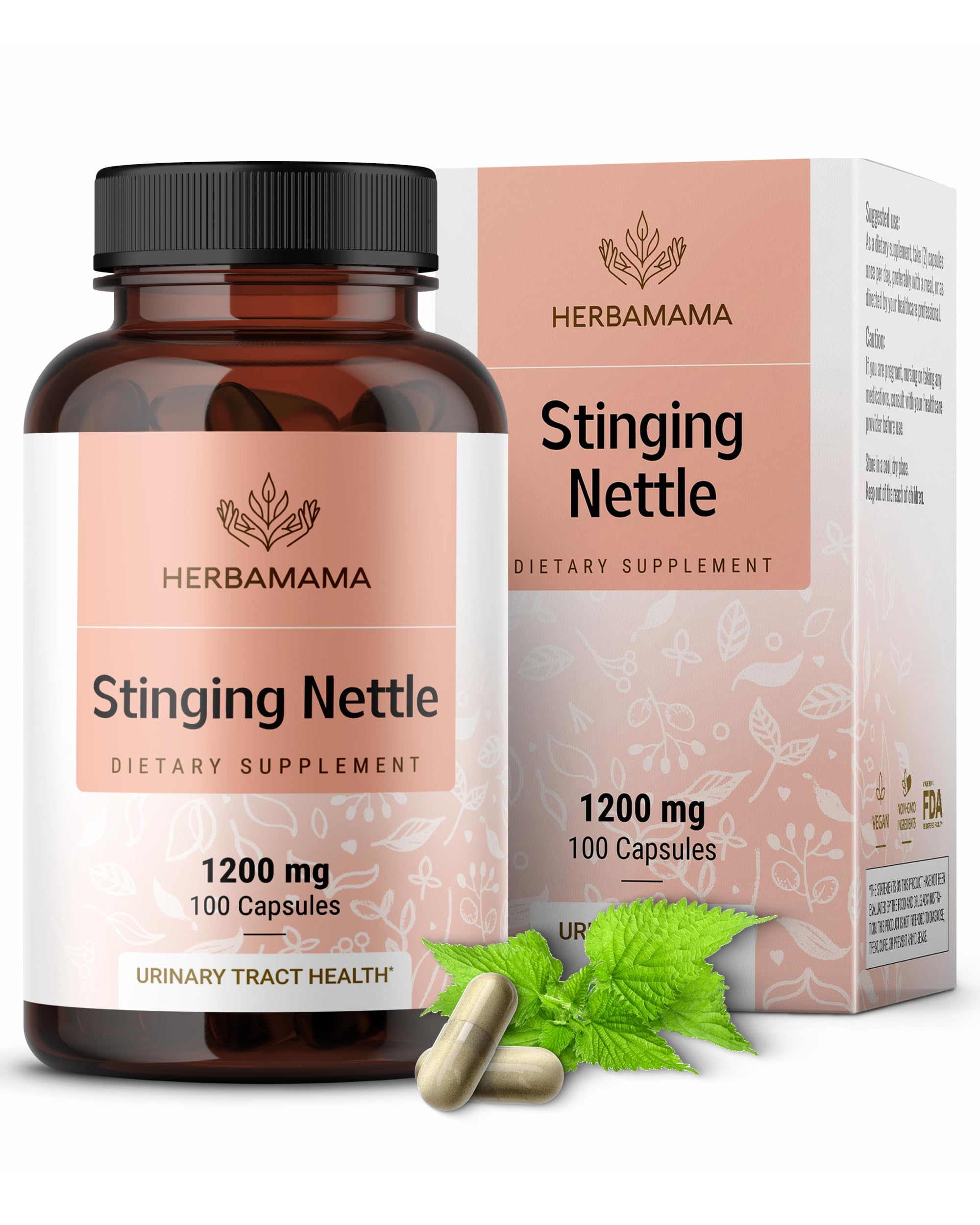Herbamama stinging nettle capsules 1200mg bottle shown, supports urinary comfort and overall wellness.