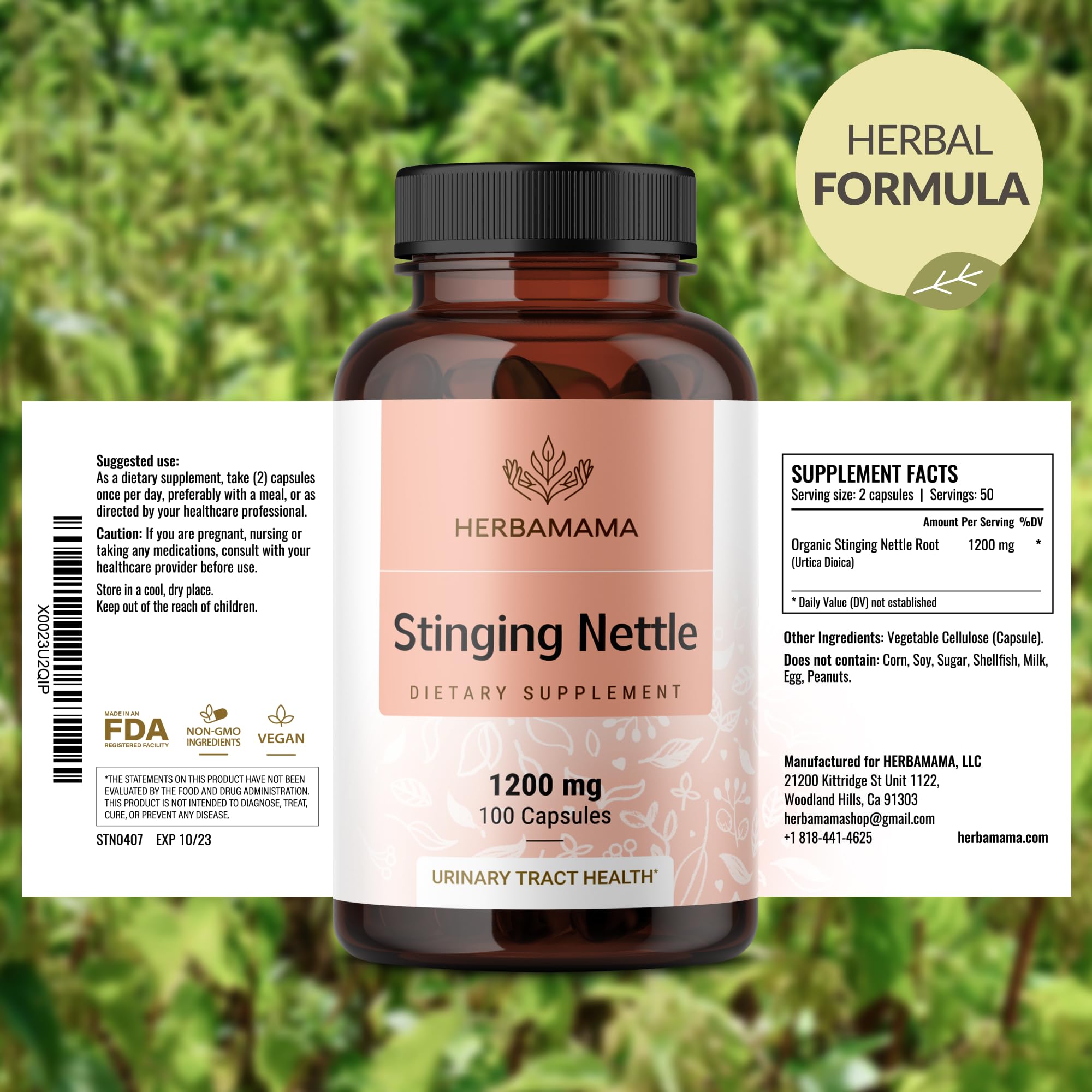 Herbamama stinging nettle capsules packaging closeup highlights easy swallow and simple routine.