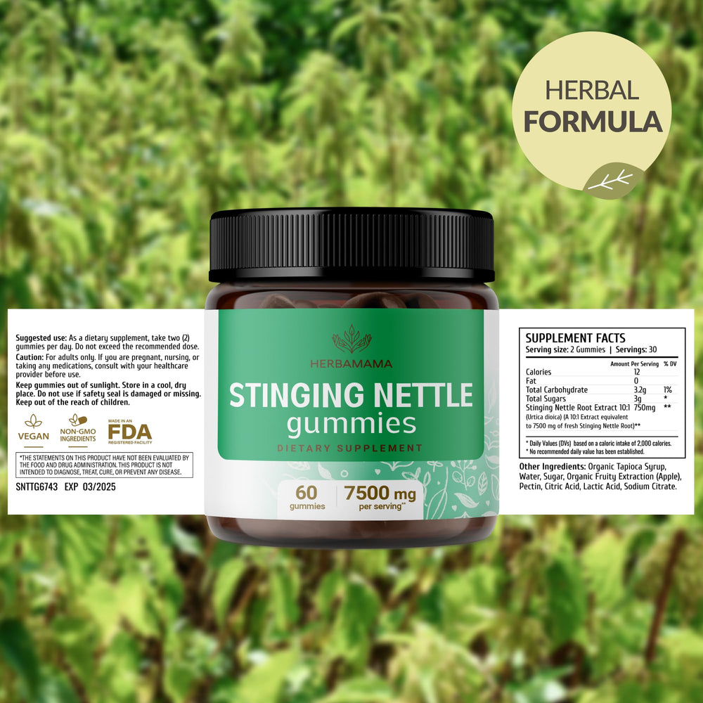 HERBAMAMA nettle gummies coated with tapioca to prevent sticking.