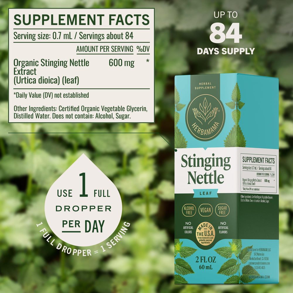 HERBAMAMA Stinging Nettle leaf extract image highlights vegan, alcohol-free formula.