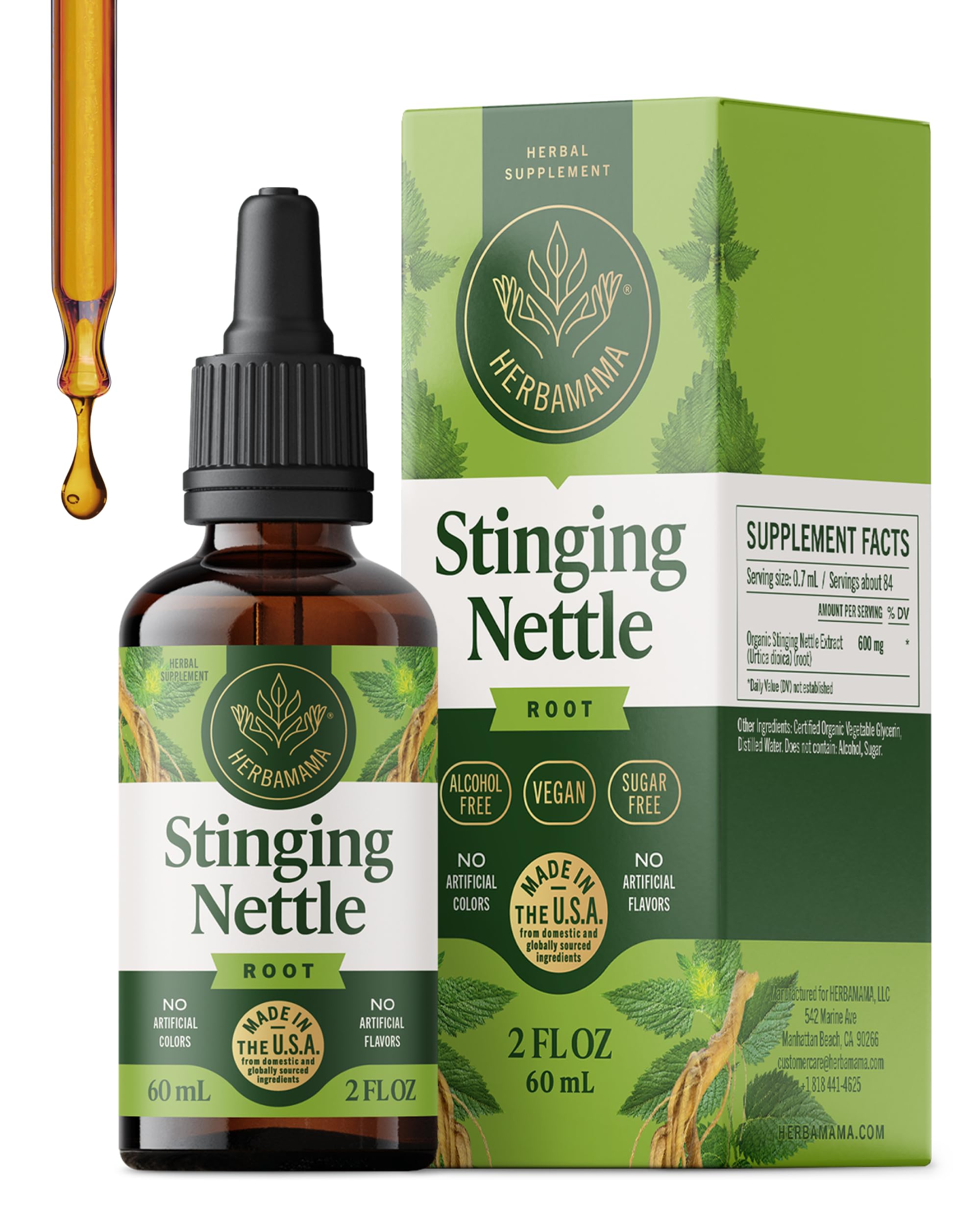 HERBAMAMA Stinging Nettle tincture bottle shows vegan urinary support benefits.