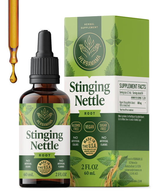 HERBAMAMA Stinging Nettle tincture bottle shows vegan urinary support benefits.