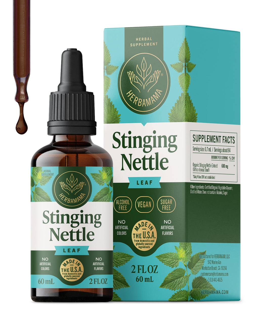 HERBAMAMA Stinging Nettle tincture bottle illustrating natural urinary tract support.