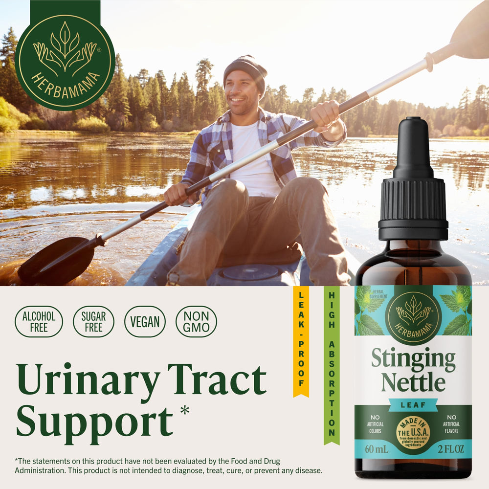 HERBAMAMA Stinging Nettle tincture dropper beside water for easy daily use.