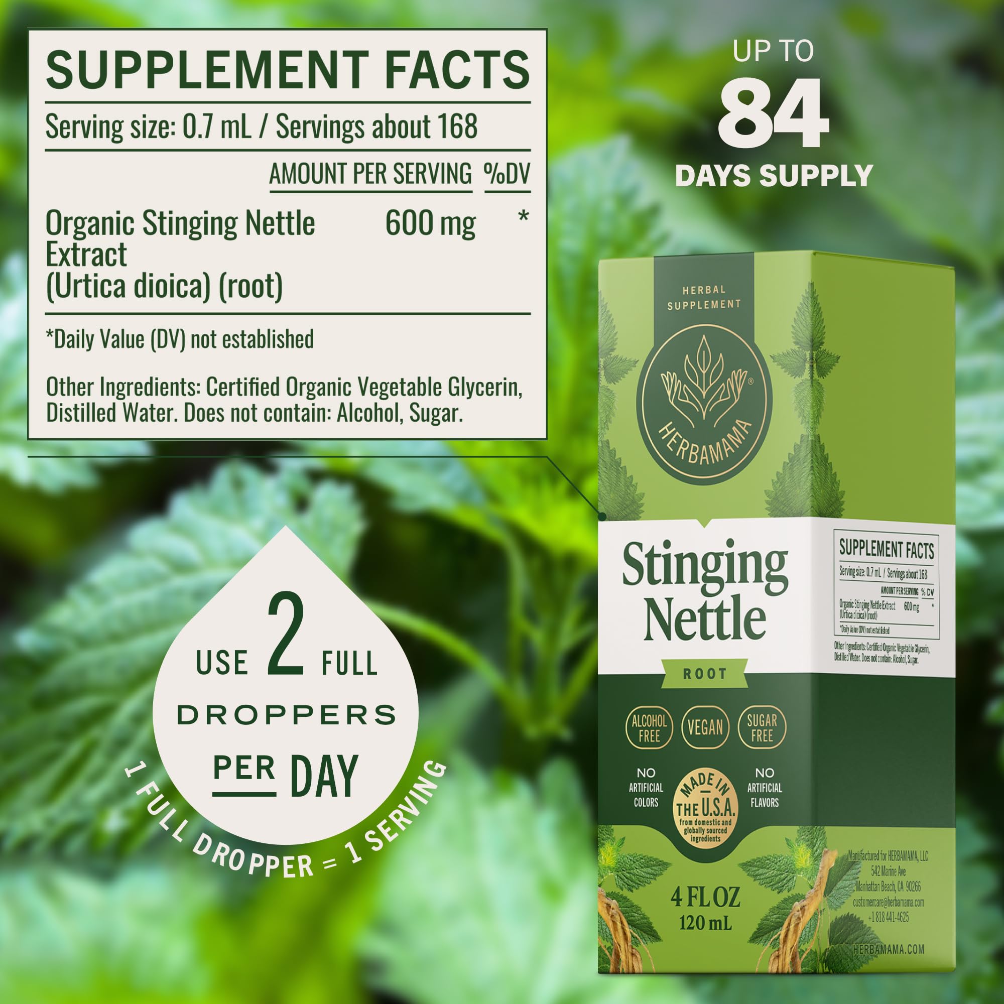 Close-up of nettle root extract ingredients in the tincture bottle