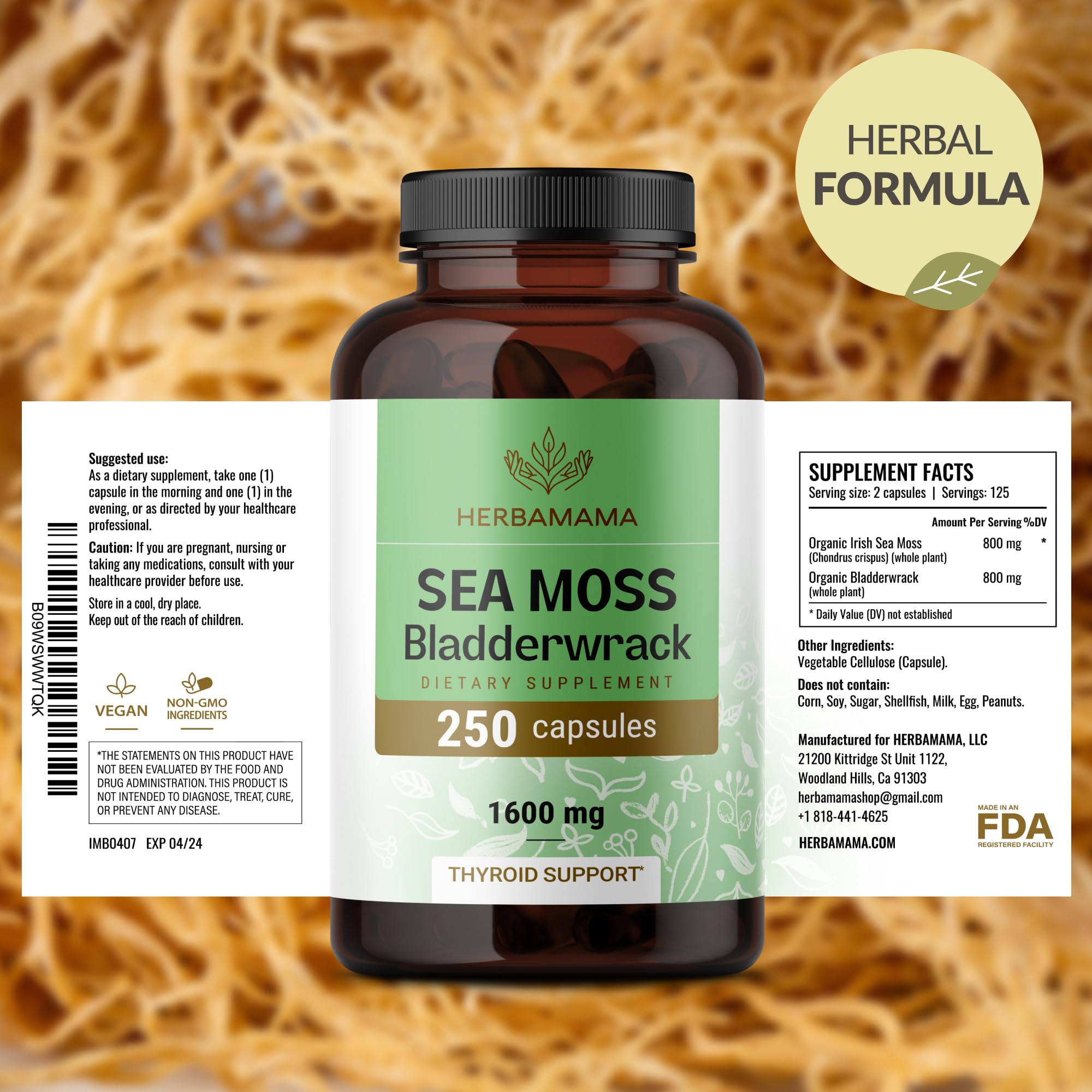 HERBAMAMA three-ingredient formula graphic showing sea moss and bladderwrack