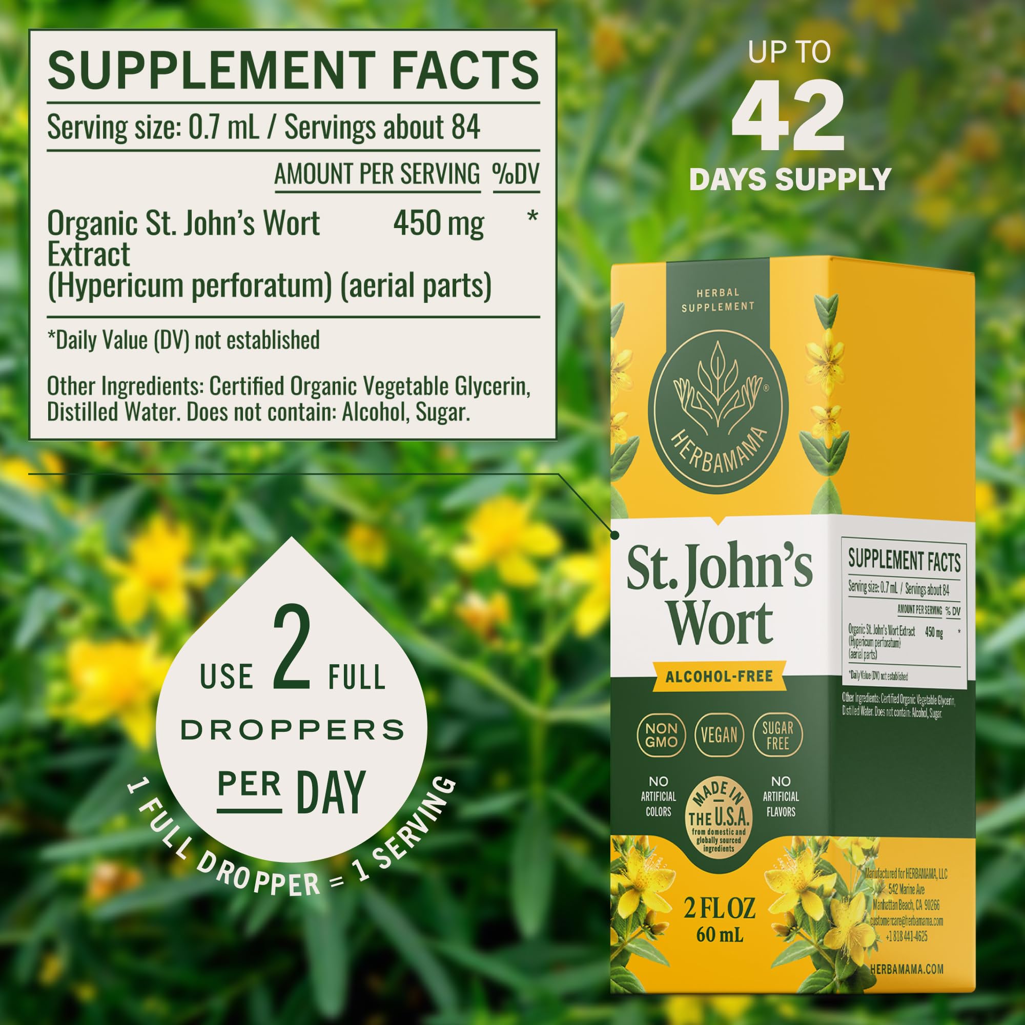 HERBAMAMA label showing the three-ingredient vegan formula for simple calm support.