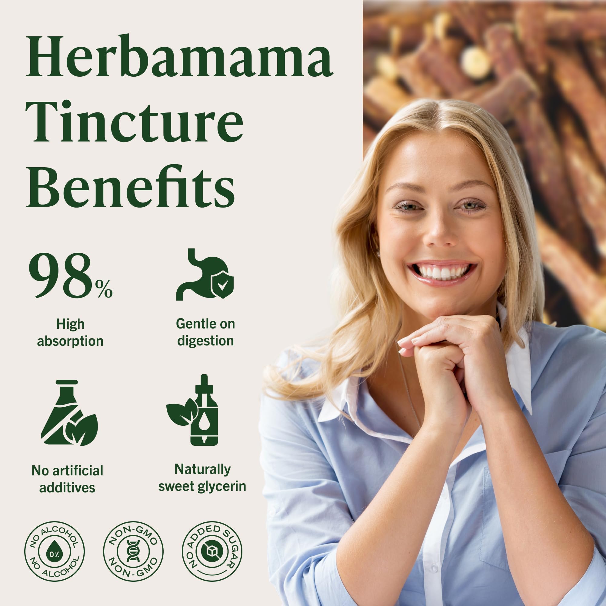Herbamama tincture packaging shows vegan and non GMO claims.