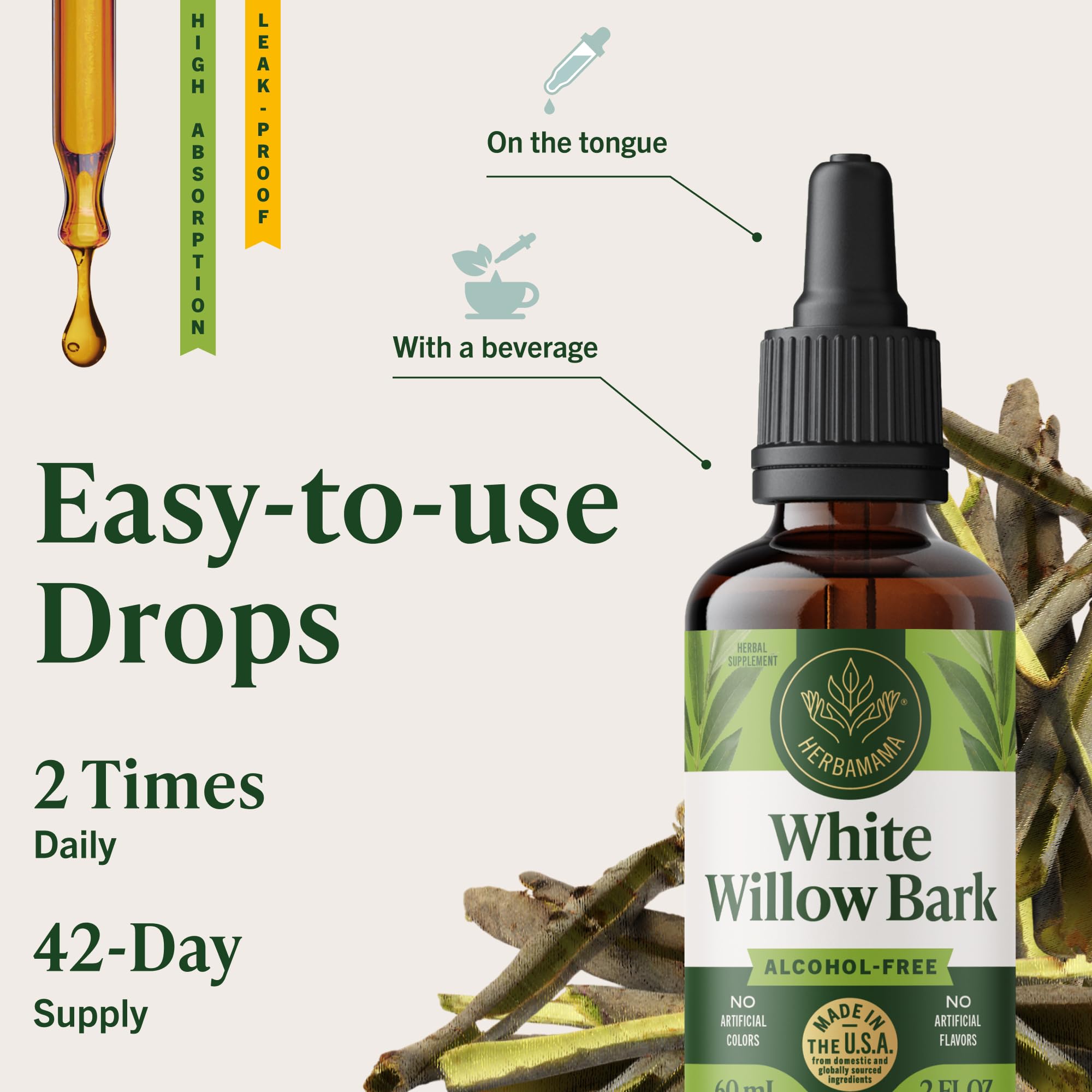 Two drops added to a drink as part of routine.