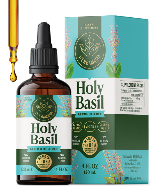 HERBAMAMA Tulsi tincture bottle with dropper for daily relaxation.