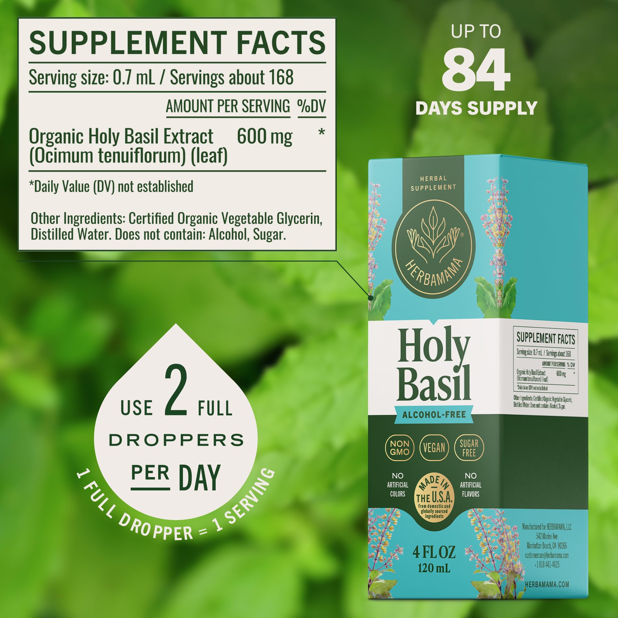 HERBAMAMA bottle label highlights Holy Basil leaf extract ingredient.