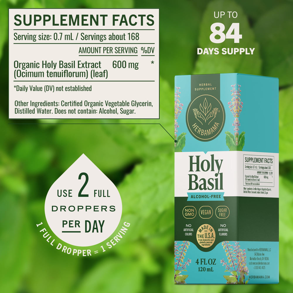 HERBAMAMA bottle label highlights Holy Basil leaf extract ingredient.