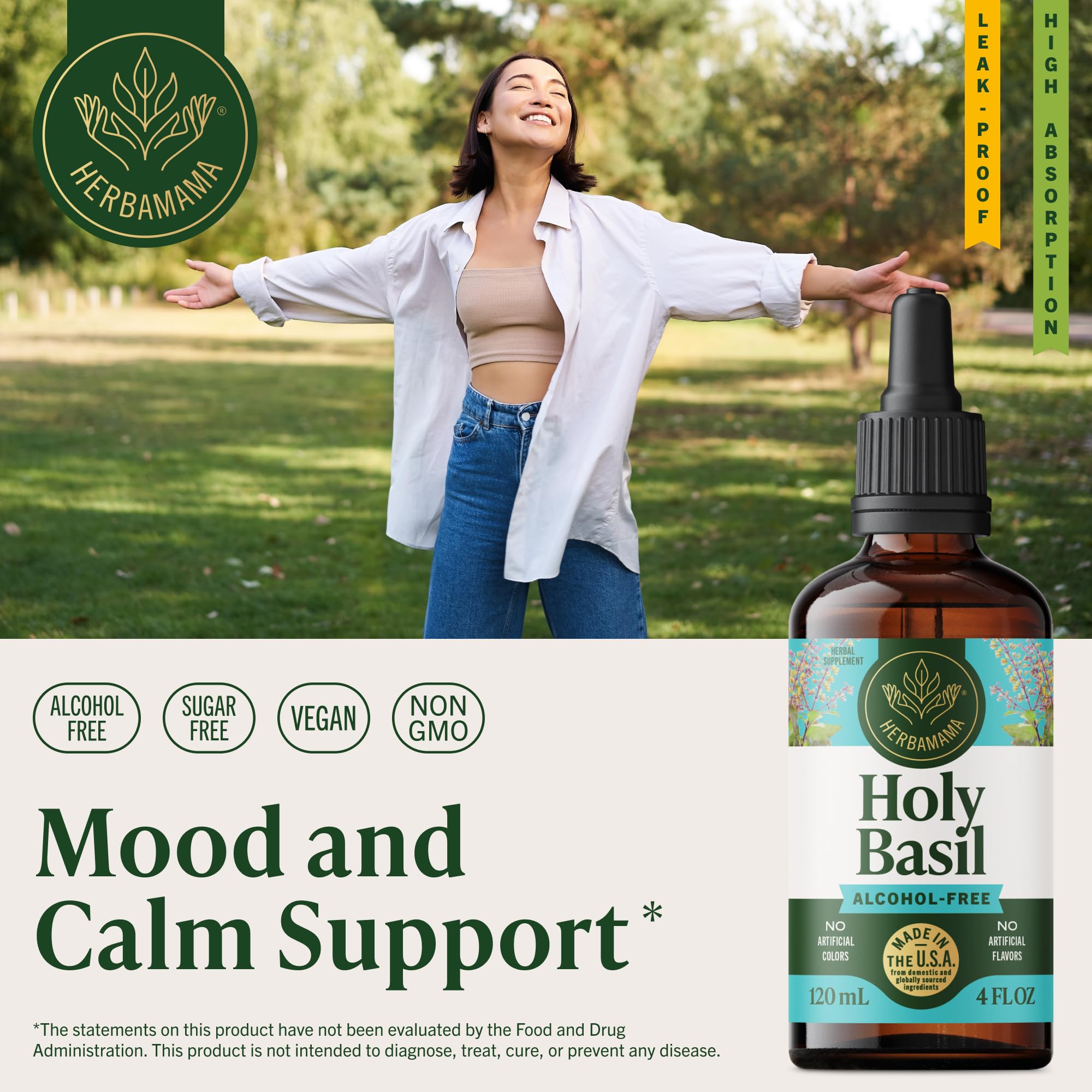 HERBAMAMA tulsi tincture dropper over a glass of water for easy daily use.