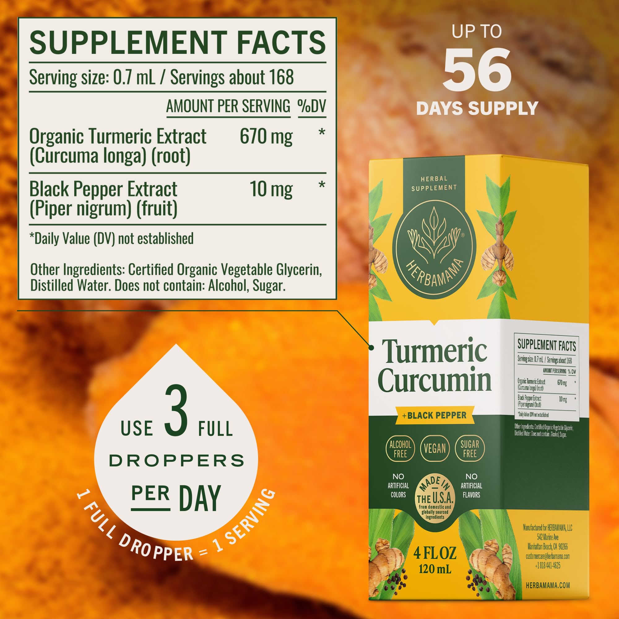 Bottle label shows non-GMO, vegan, no alcohol.