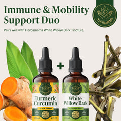 Herbamama bottle beside turmeric root and black pepper.
