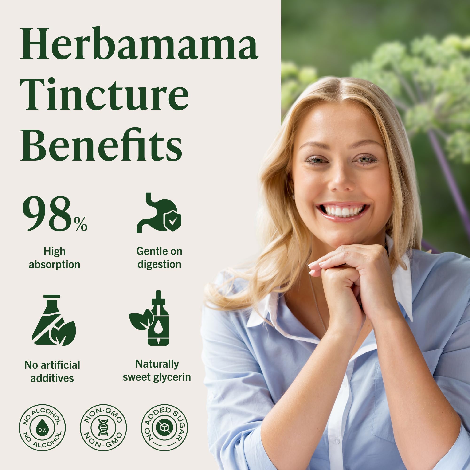 HERBAMAMA dong quai drops show under-tongue use for fast calming effects.