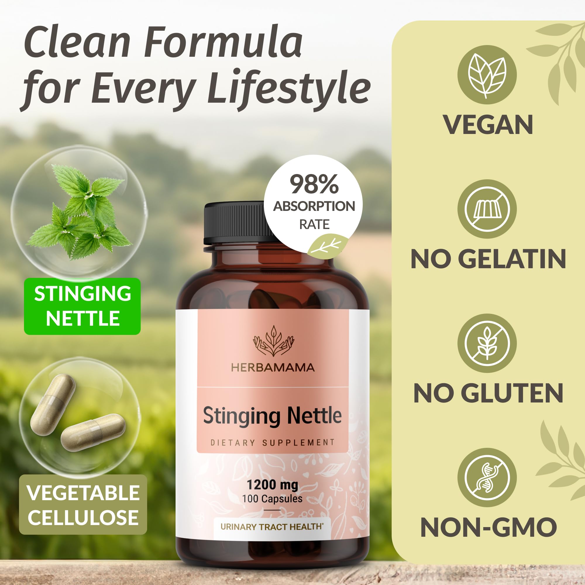 Herbamama urtica dioica root capsules pack displays vegetarian, non-GMO design.