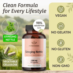 Herbamama urtica dioica root capsules pack displays vegetarian, non-GMO design.