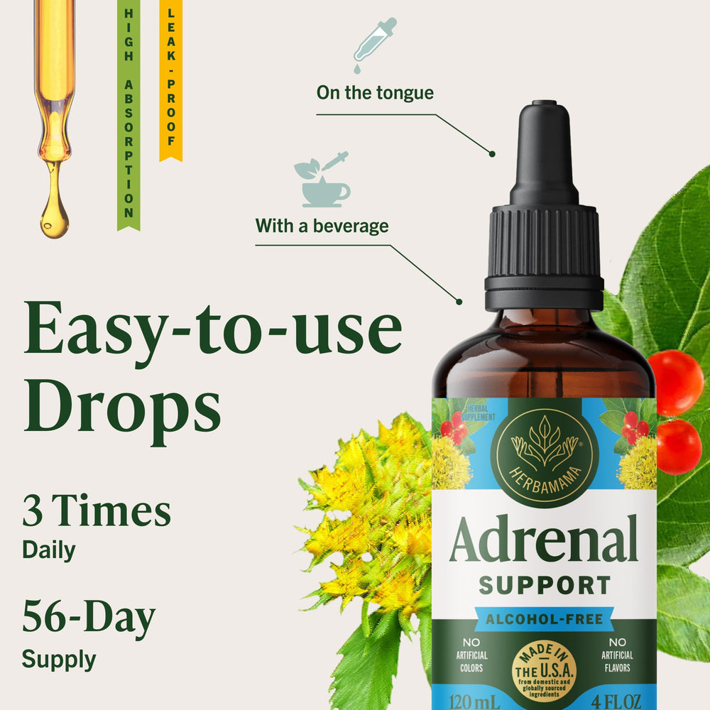 HERBAMAMA Adrenal Support Drops vegan non GMO labeling indicates clean ingredients