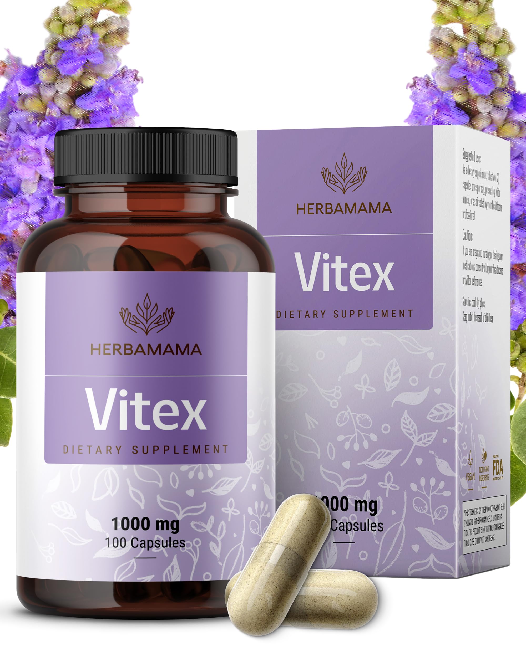 HERBAMAMA Vitex Berry Capsules bottle showing a 50-day supply for menopause support.