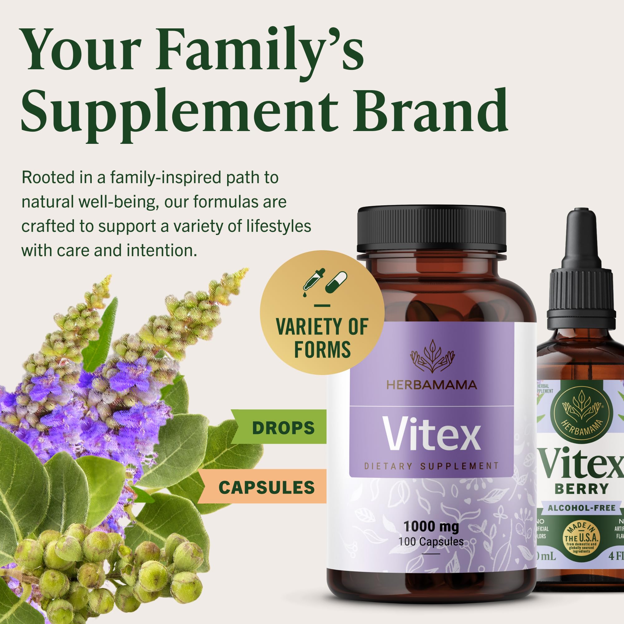 HERBAMAMA Vitex Berry Capsules label detail showing ethical, vegan formulation.