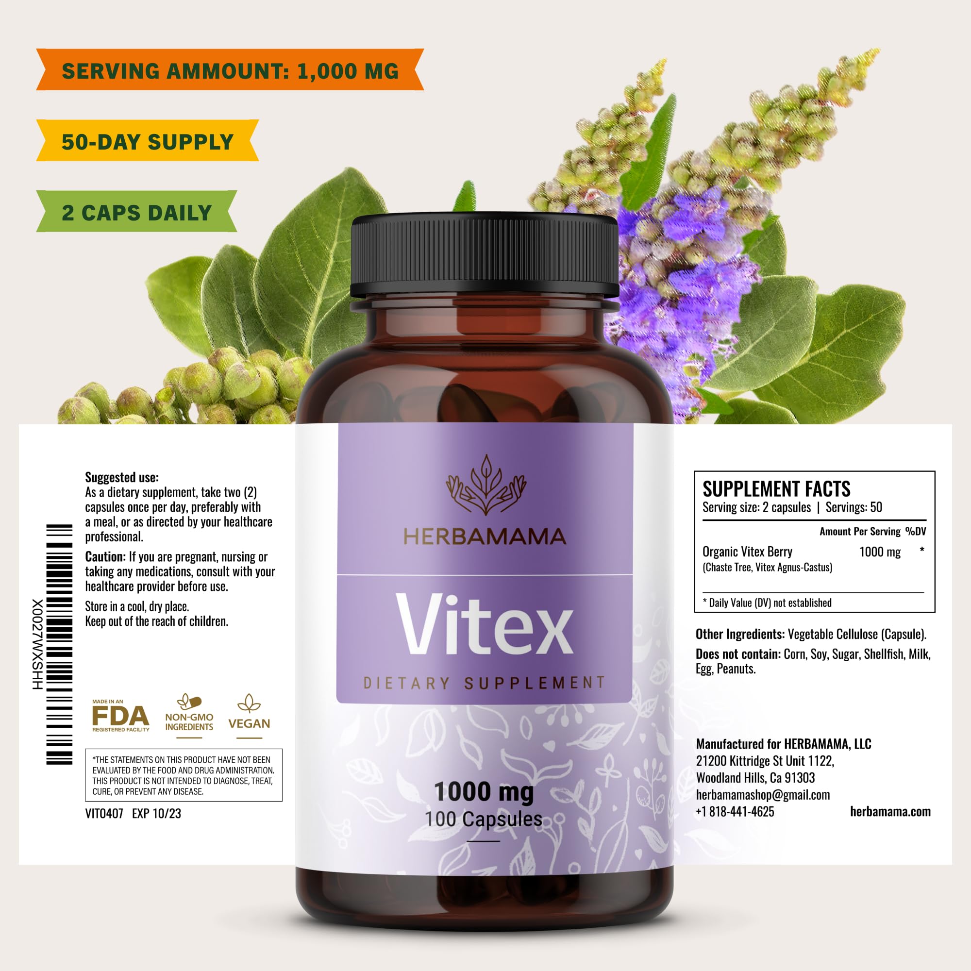 HERBAMAMA Vitex Berry Capsules open bottle illustrating convenient daily routine.
