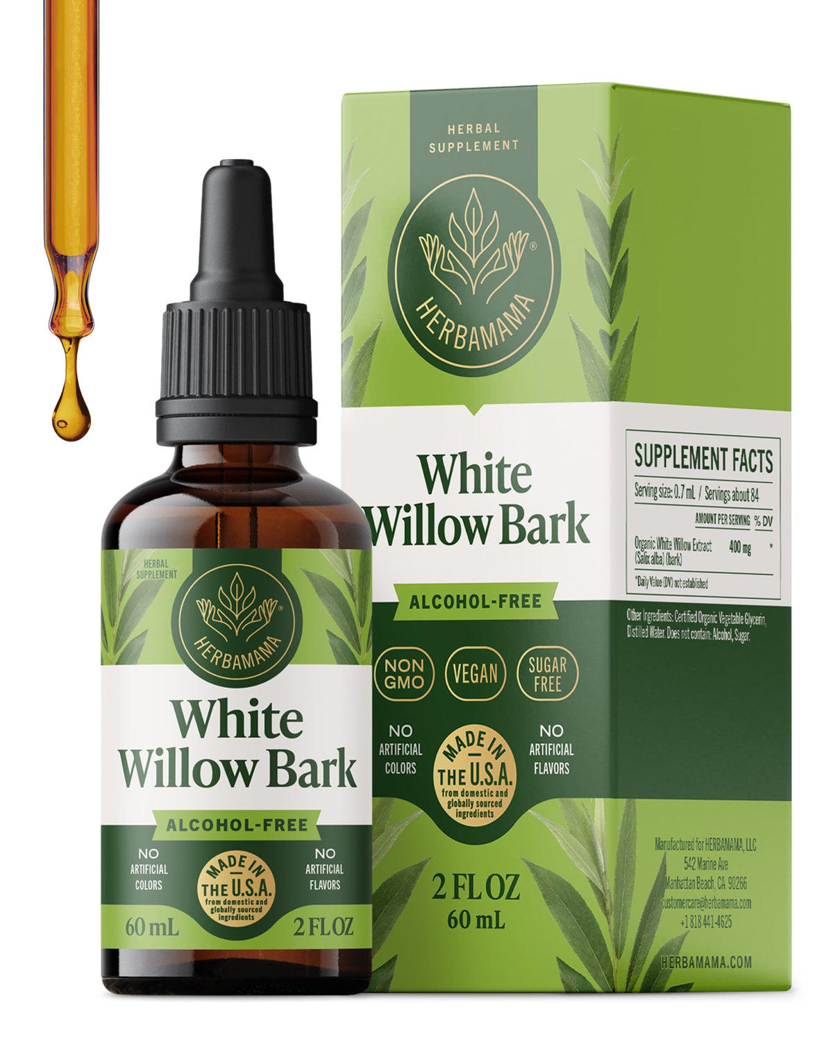 HERBAMAMA White Willow Bark Tincture bottle for everyday wellness.