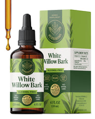 HERBAMAMA White Willow Bark Tincture bottle showing vegan, alcohol-free formula for everyday support