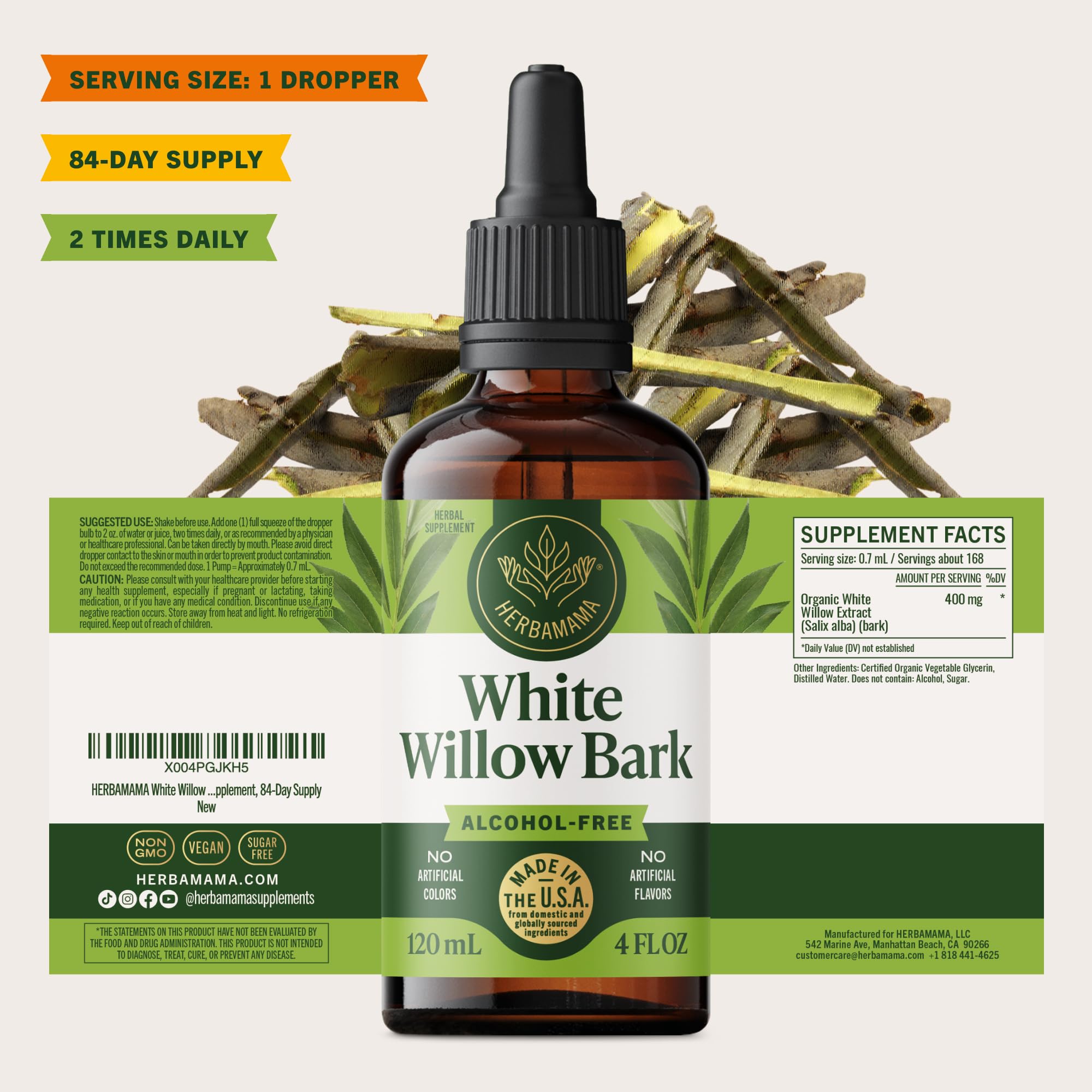 HERBAMAMA White Willow Bark Tincture bottle with ingredients list detail