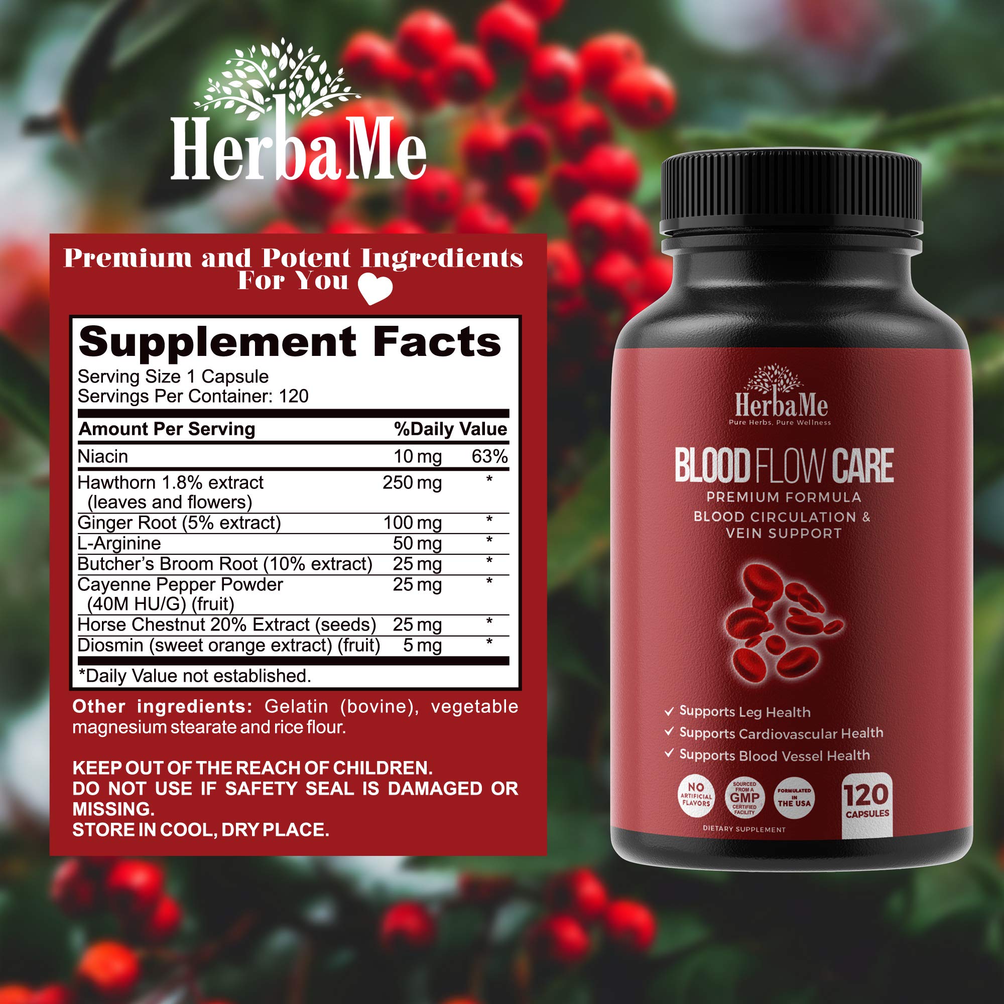 HerbaMe Blood Flow bottle back showing dosage and ingredients
