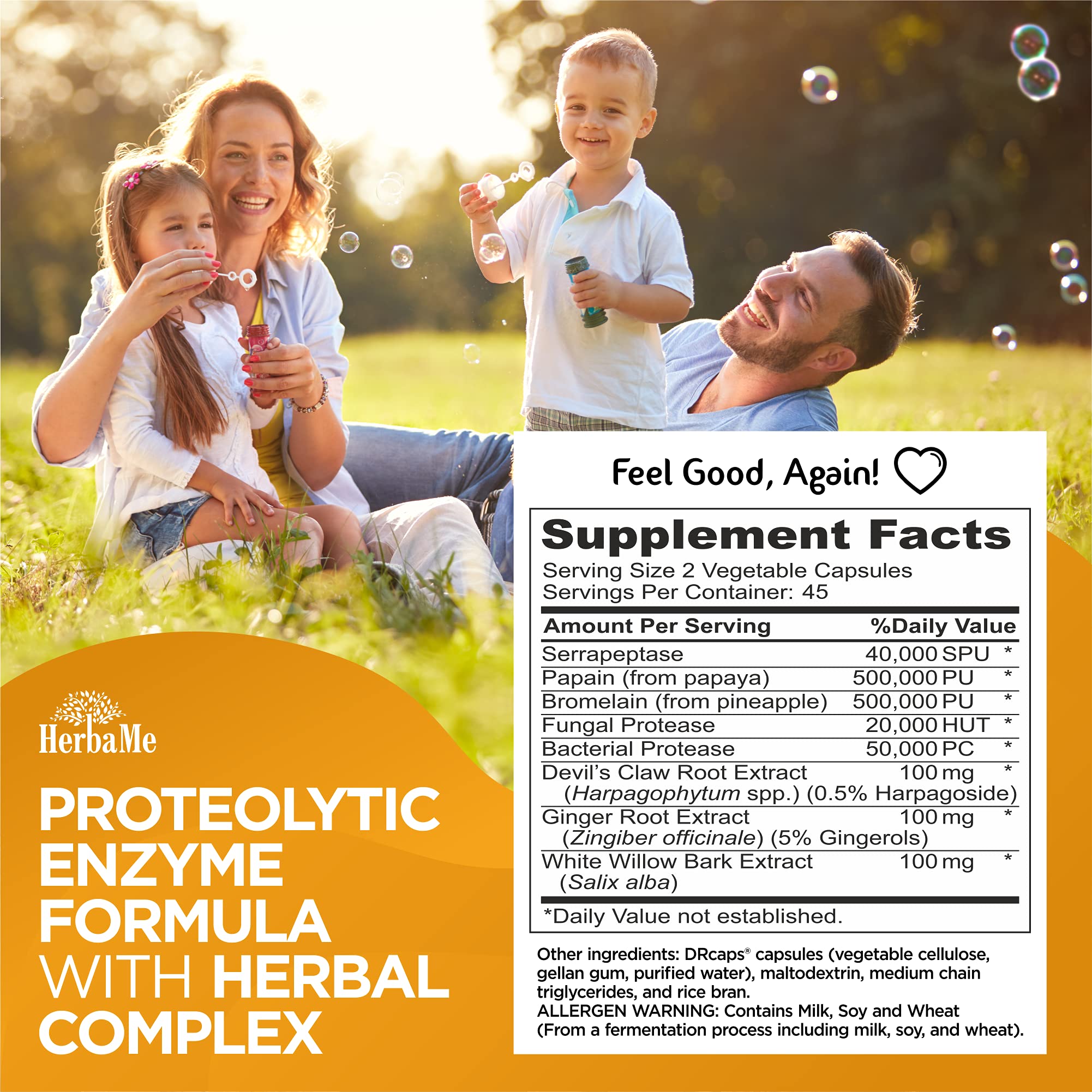 HerbaMe enzyme blend with bromelain and papain, aiding post-activity protein breakdown.